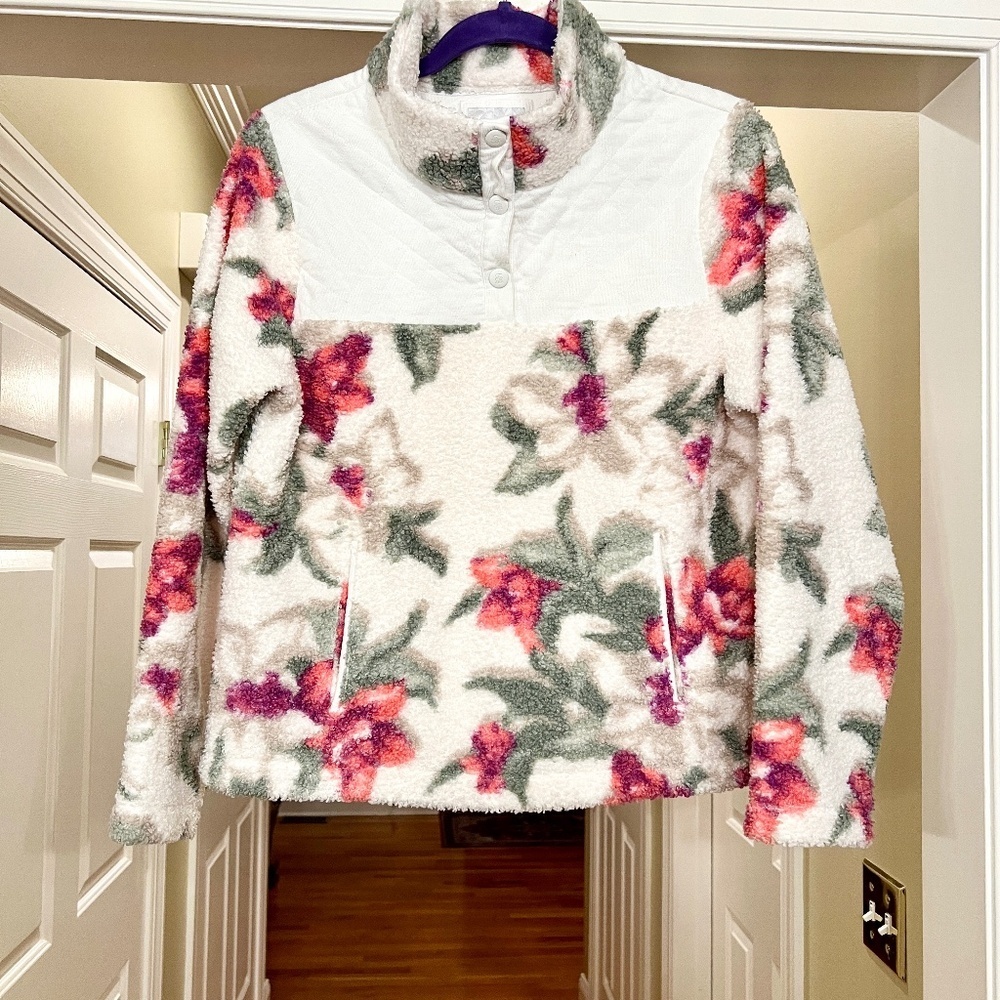 Tommy Bahama Fleece Beachway Blooms 1/4 Snap Floral Pullover Top Shirt SMALL